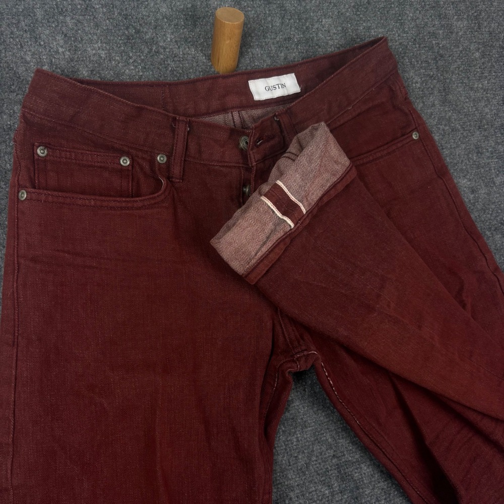 Gustin Mens Slim Fit Selvedge Denim Jeans Burgundy Red Size 34 Made in USA